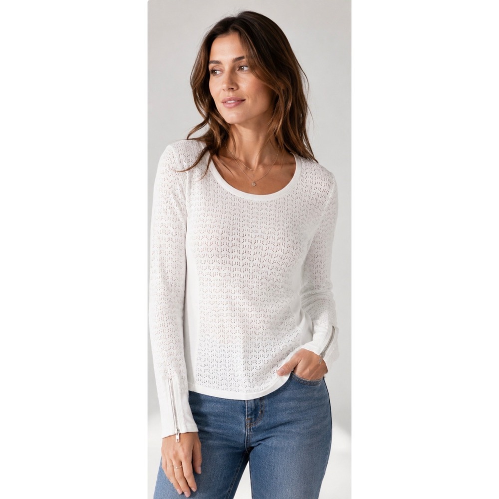 Rag & Bone White Pointelle Knit Long Sleeve Top with Zipper Cuffs Size Small
